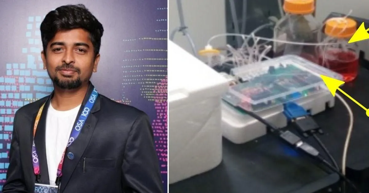 Ikram Khan beside the first bioreactor prototype